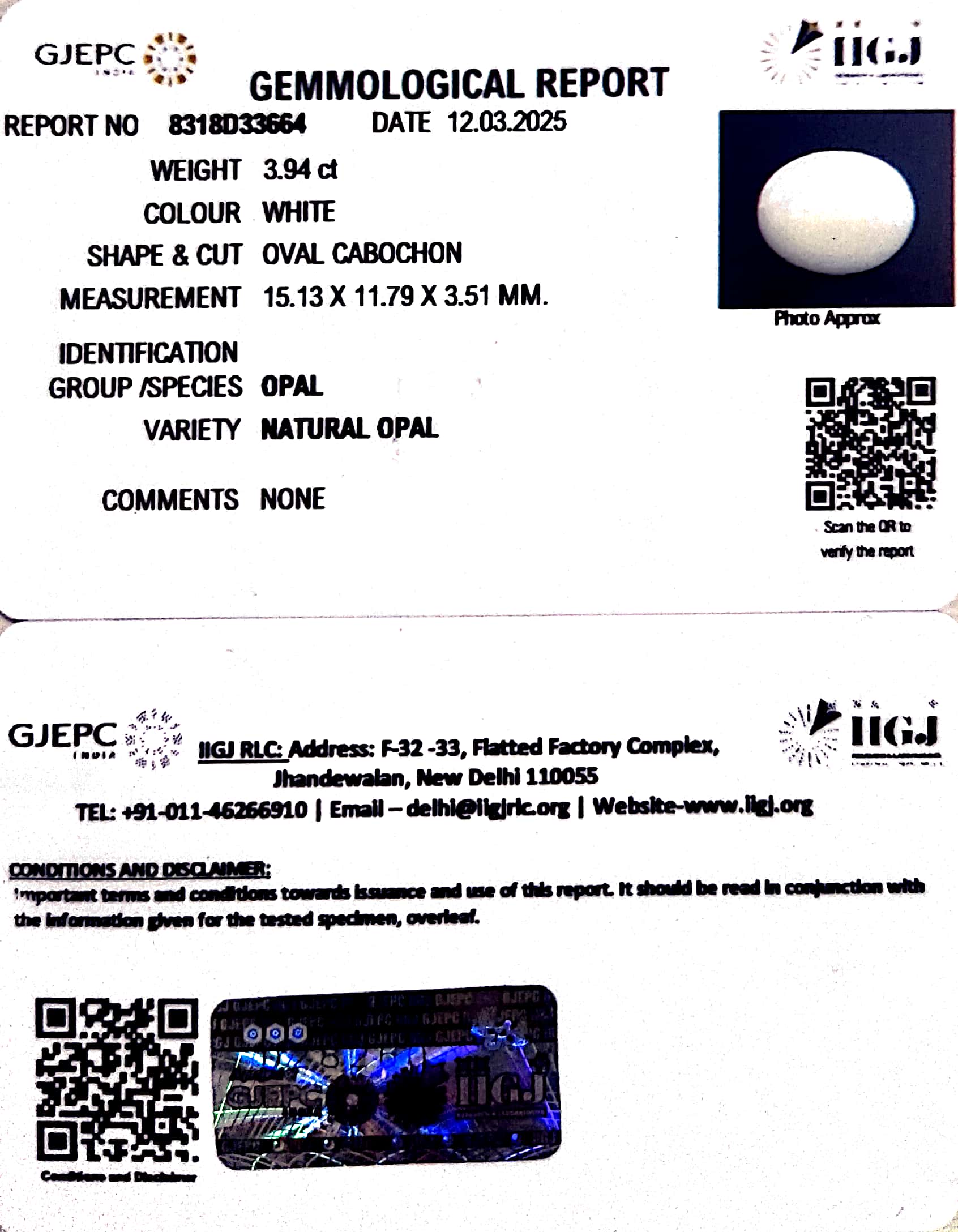 3.94/CT Natural Opal with Govt. Lab Certificate
