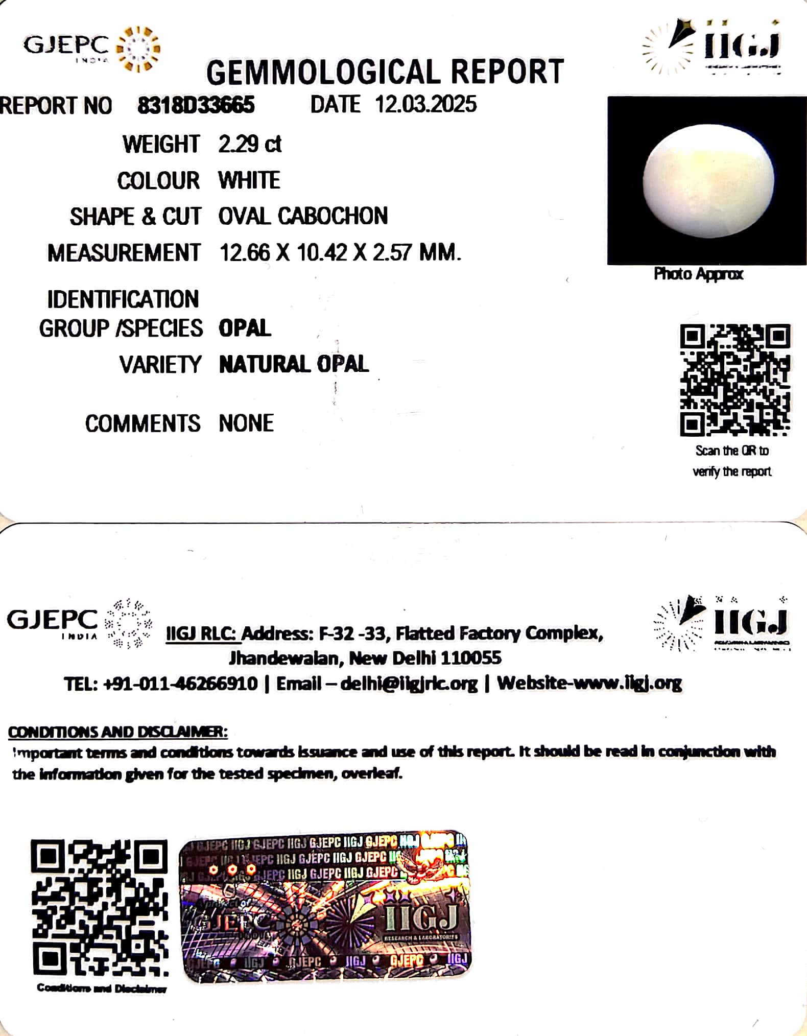2.29/CT Natural Opal with Govt. Lab Certificate