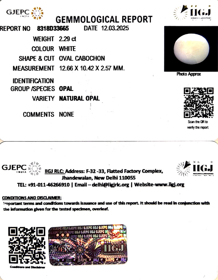 2.29/CT Natural Opal with Govt. Lab Certificate