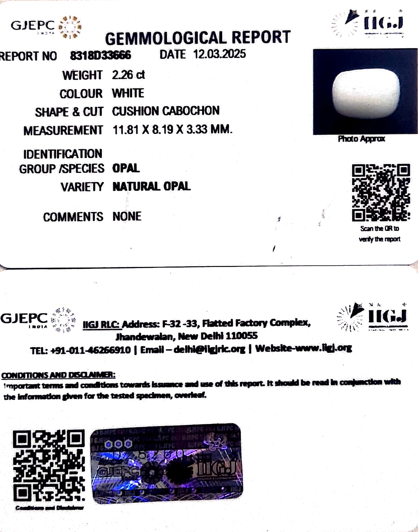 2.26/CT Natural Opal with Govt. Lab Certificate