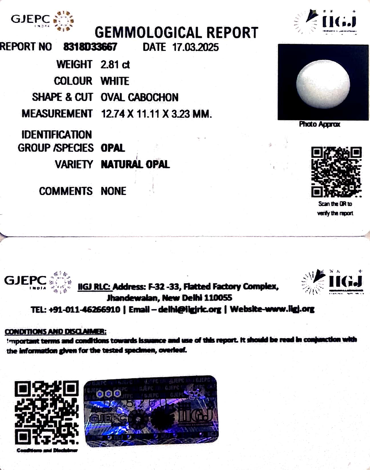2.81/CT Natural Opal with Govt. Lab Certificate