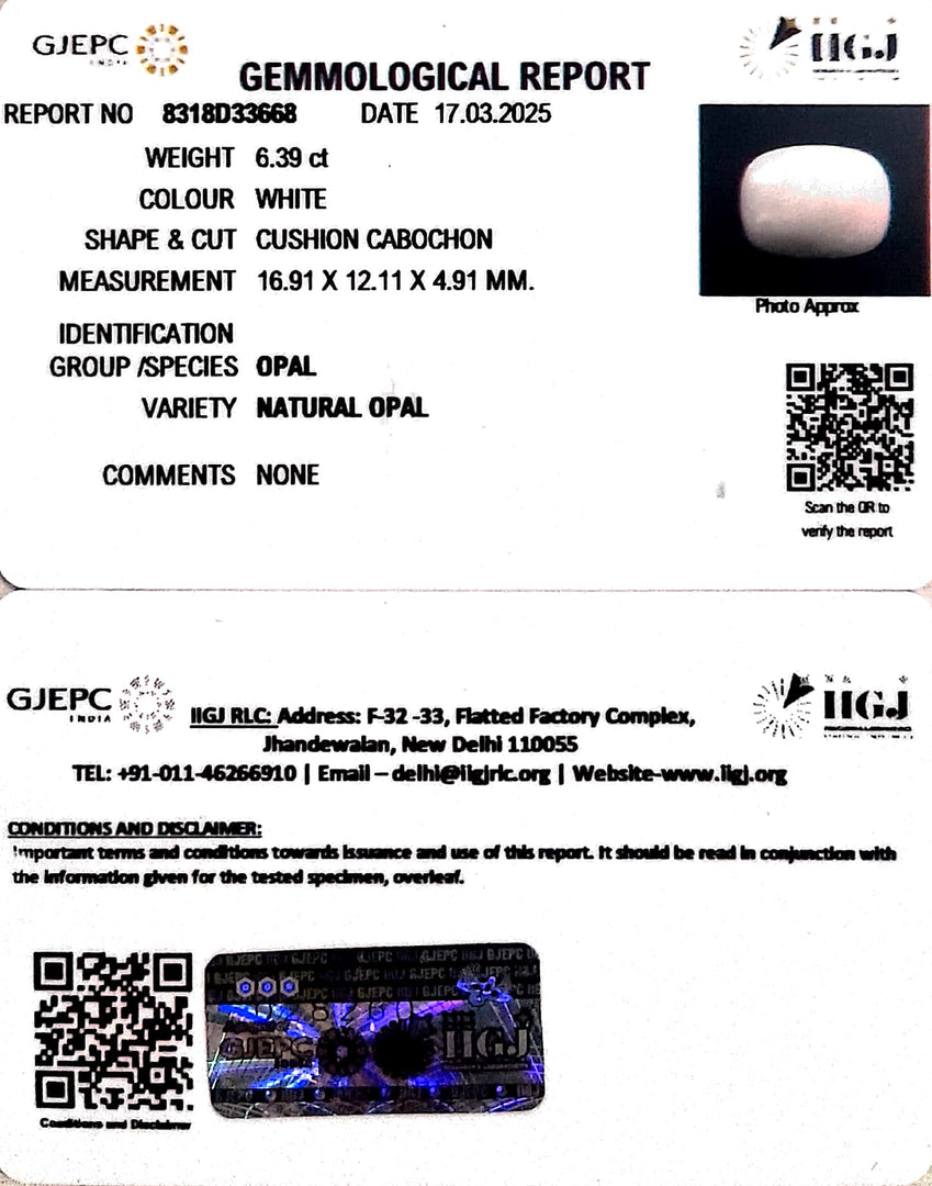 6.39/CT Natural Opal with Govt. Lab Certificate