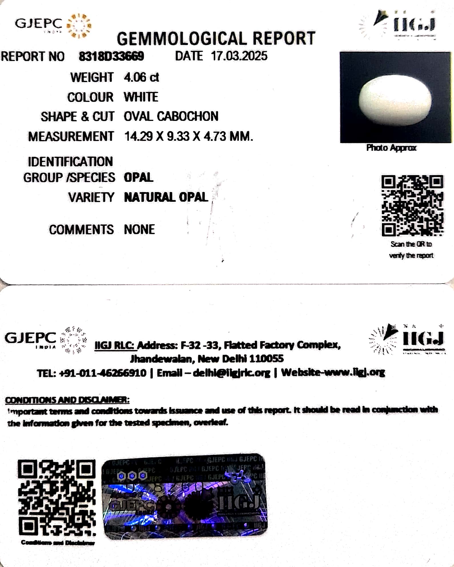 4.06/CT Natural Opal with Govt. Lab Certificate-8318D33669