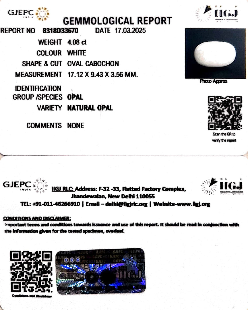 4.08/CT Natural Opal with Govt. Lab Certificate