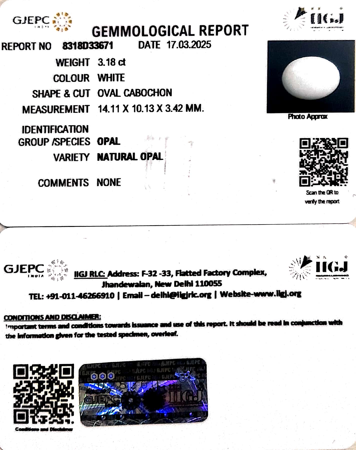 3.18/CT Natural Opal with Govt. Lab Certificate