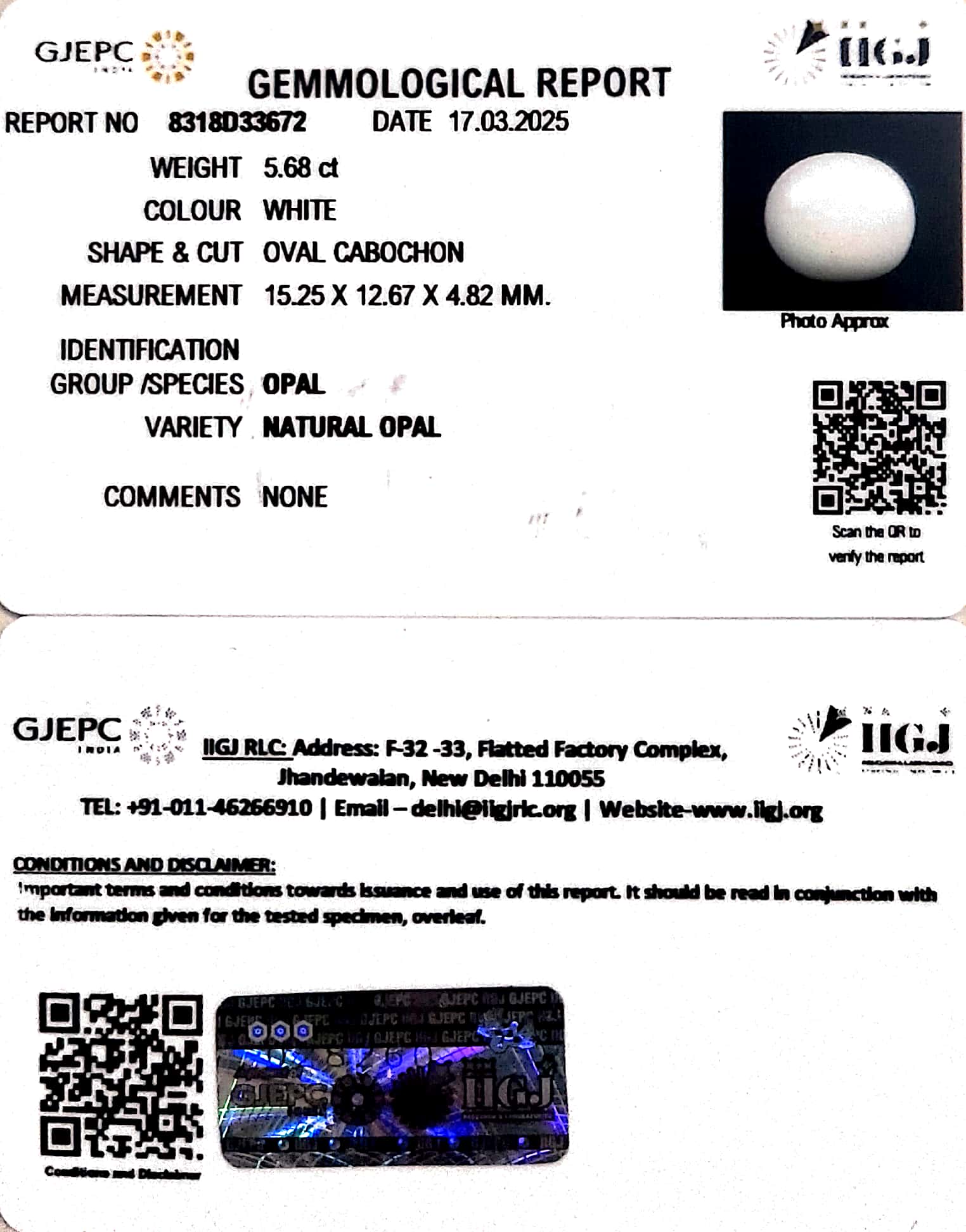 5.68/CT Natural Opal with Govt. Lab Certificate-8318D33672