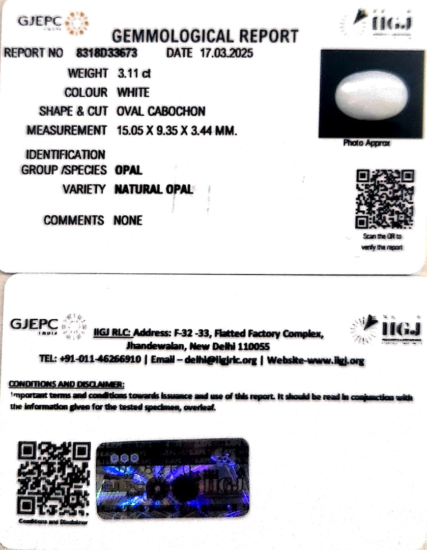 3.11/CT Natural Opal with Govt. Lab Certificate