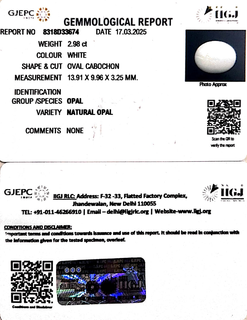 2.98/CT Natural Opal with Govt. Lab Certificate