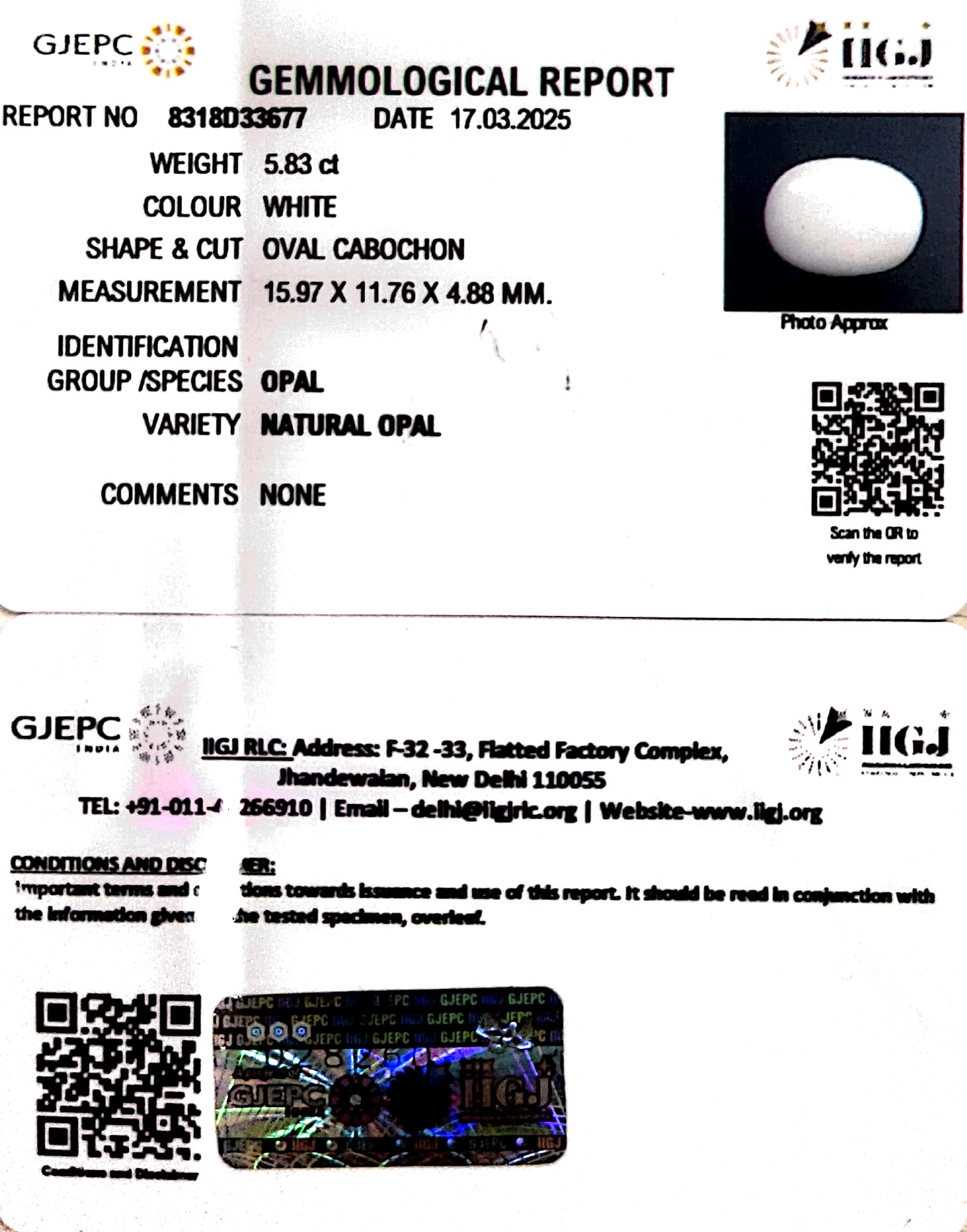5.83/CT Natural Opal with Govt. Lab Certificate
