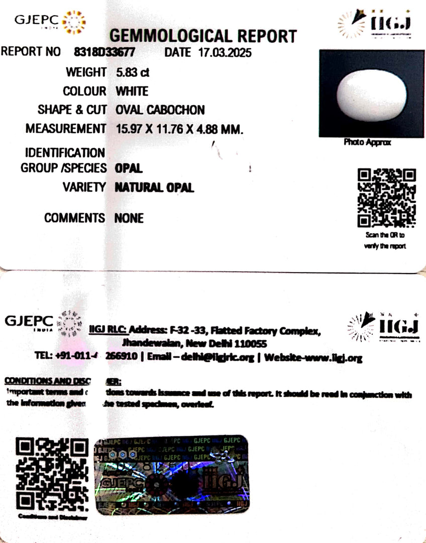 5.83/CT Natural Opal with Govt. Lab Certificate