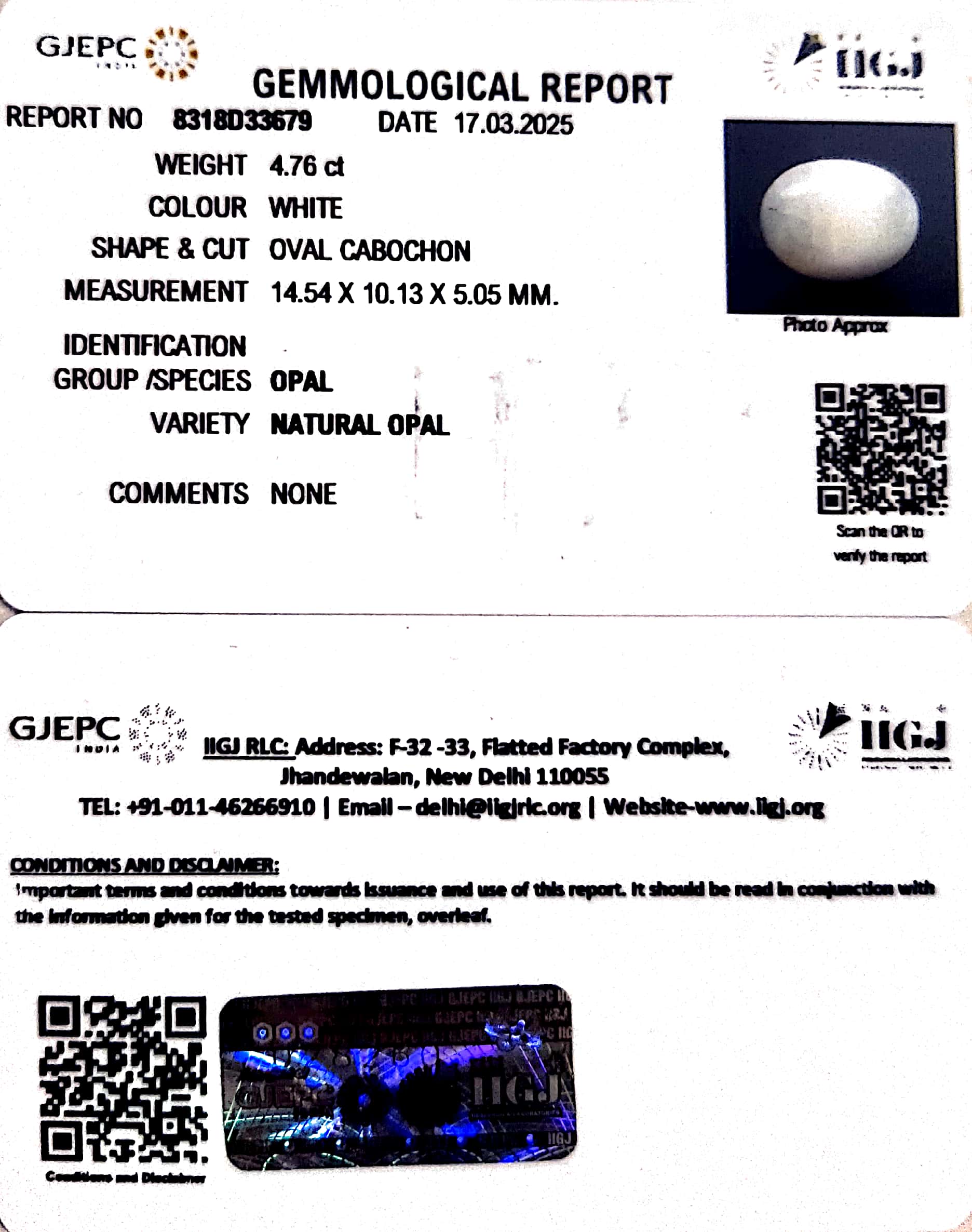4.76/CT Natural Opal with Govt. Lab Certificate