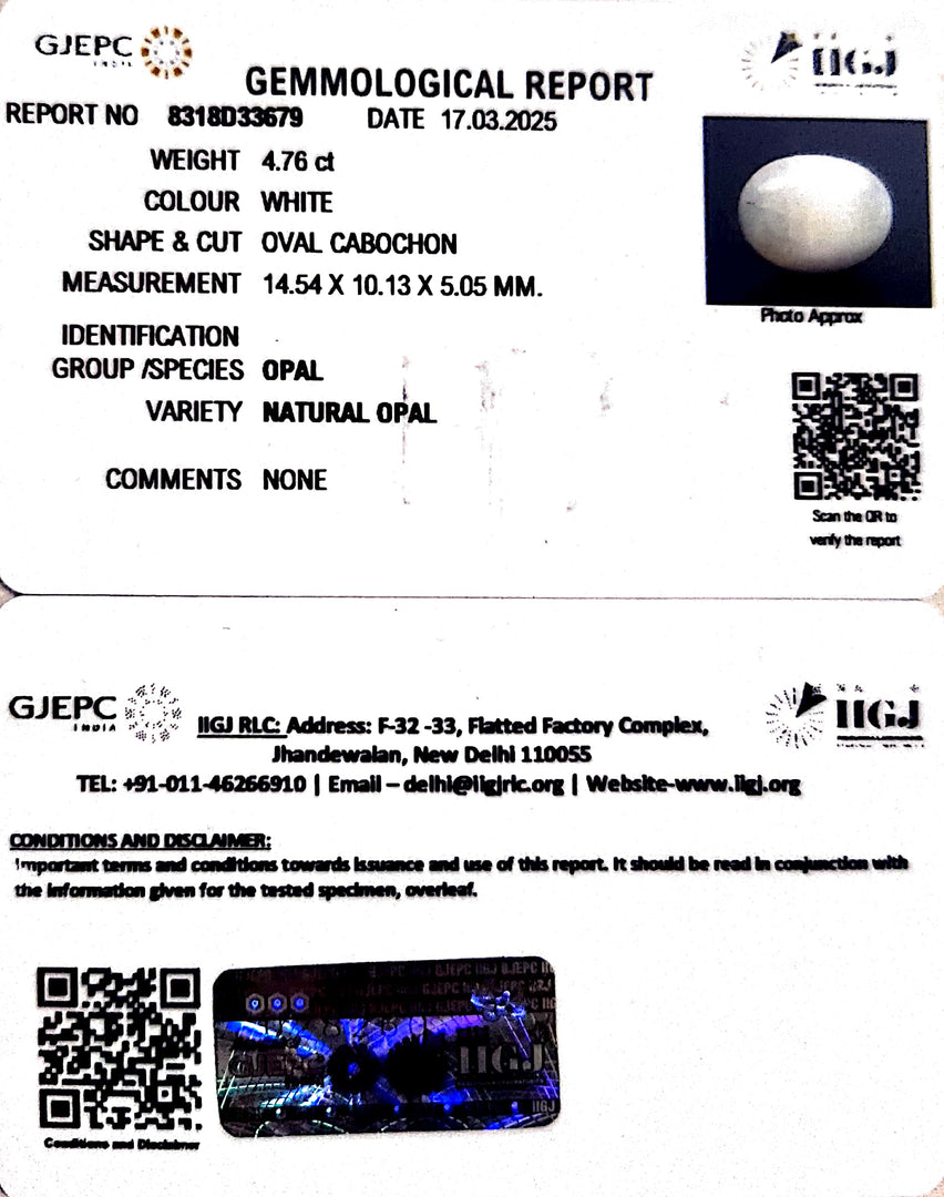 4.76/CT Natural Opal with Govt. Lab Certificate