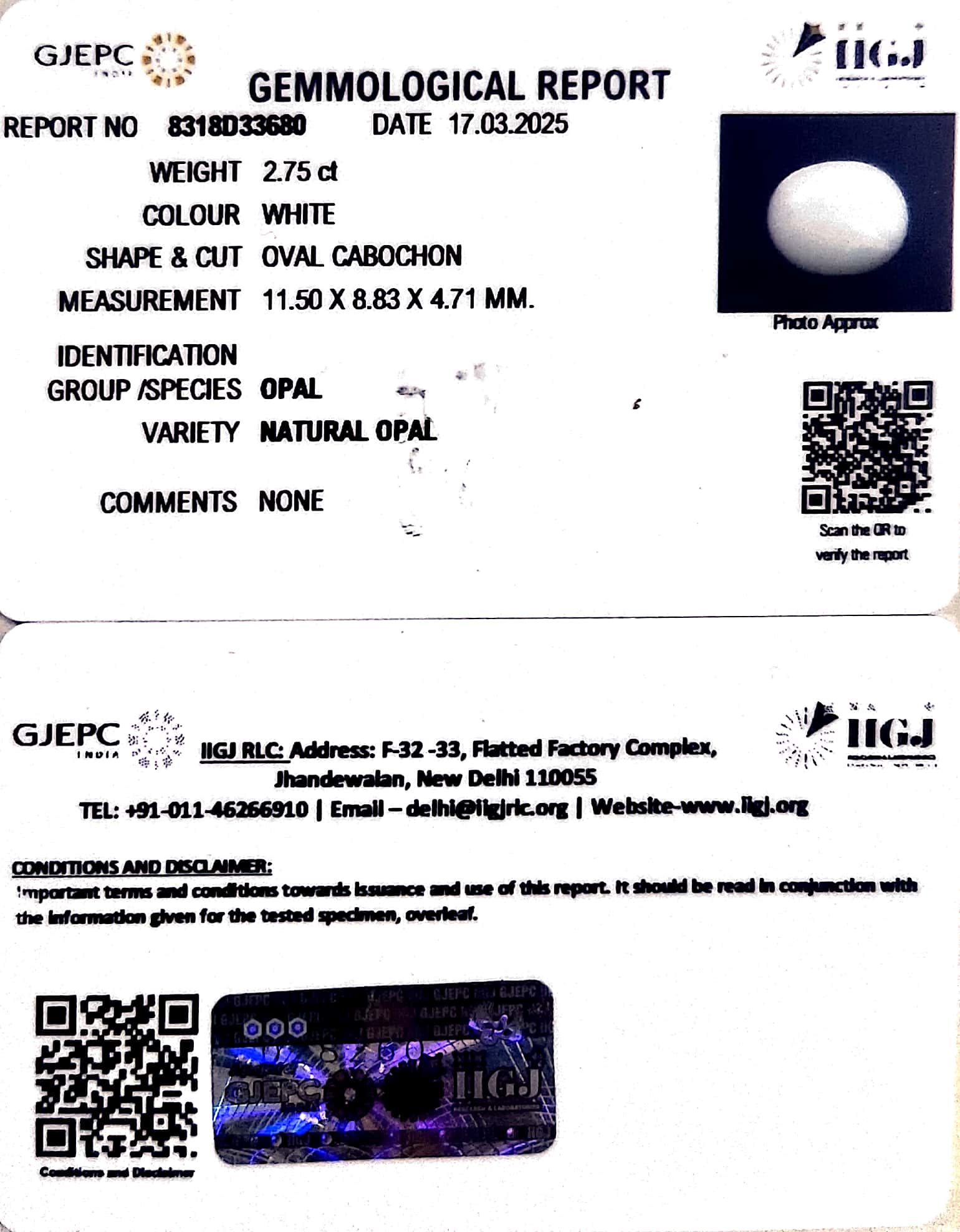 2.75/CT Natural Opal with Govt. Lab Certificate