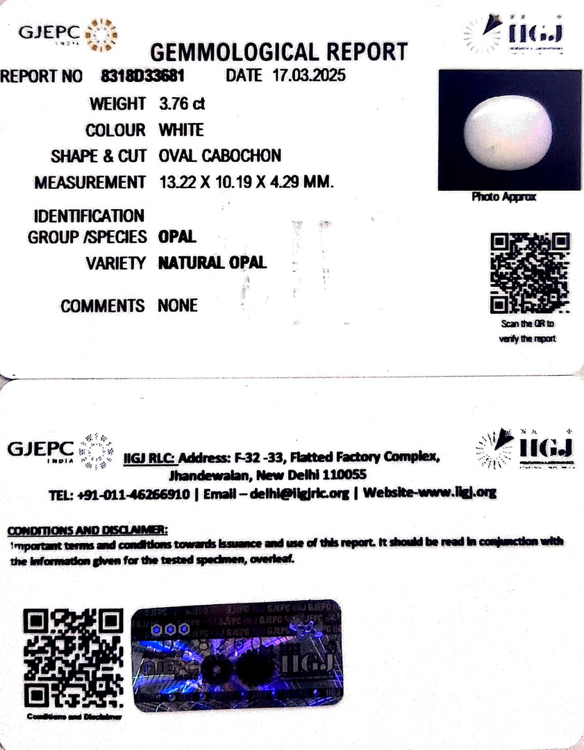 3.76/CT Natural Opal with Govt. Lab Certificate