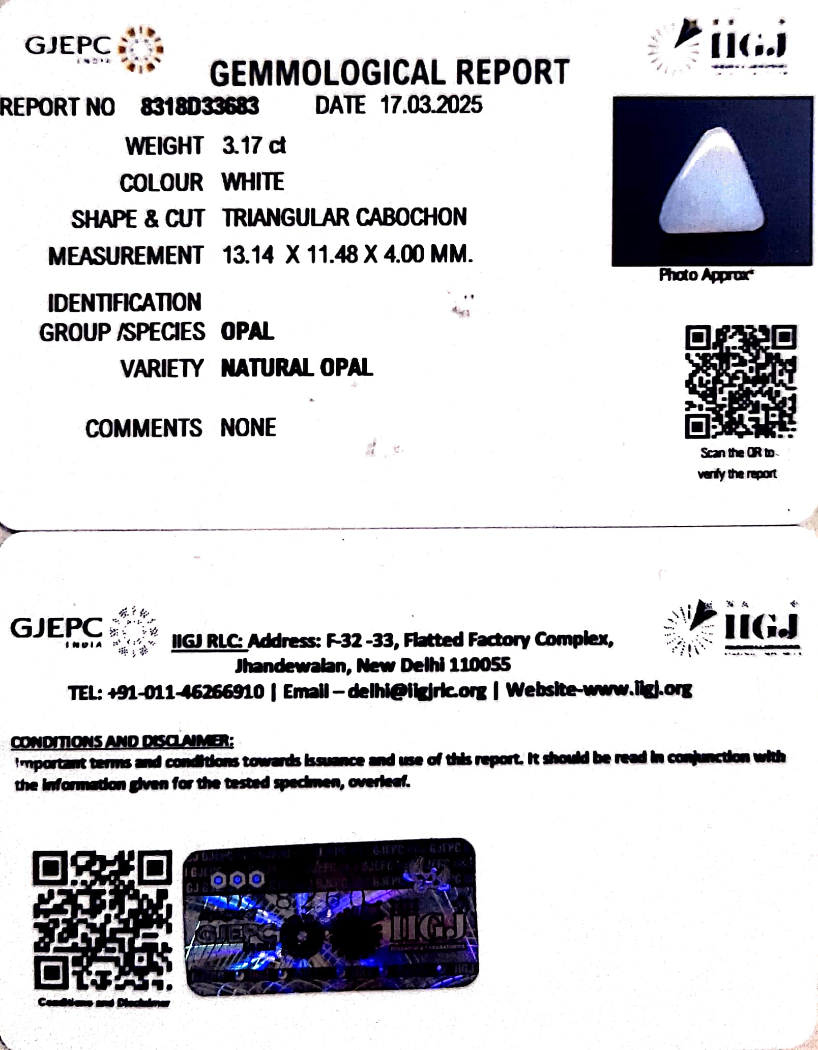 3.17/CT Natural Opal with Govt. Lab Certificate-8318D33683