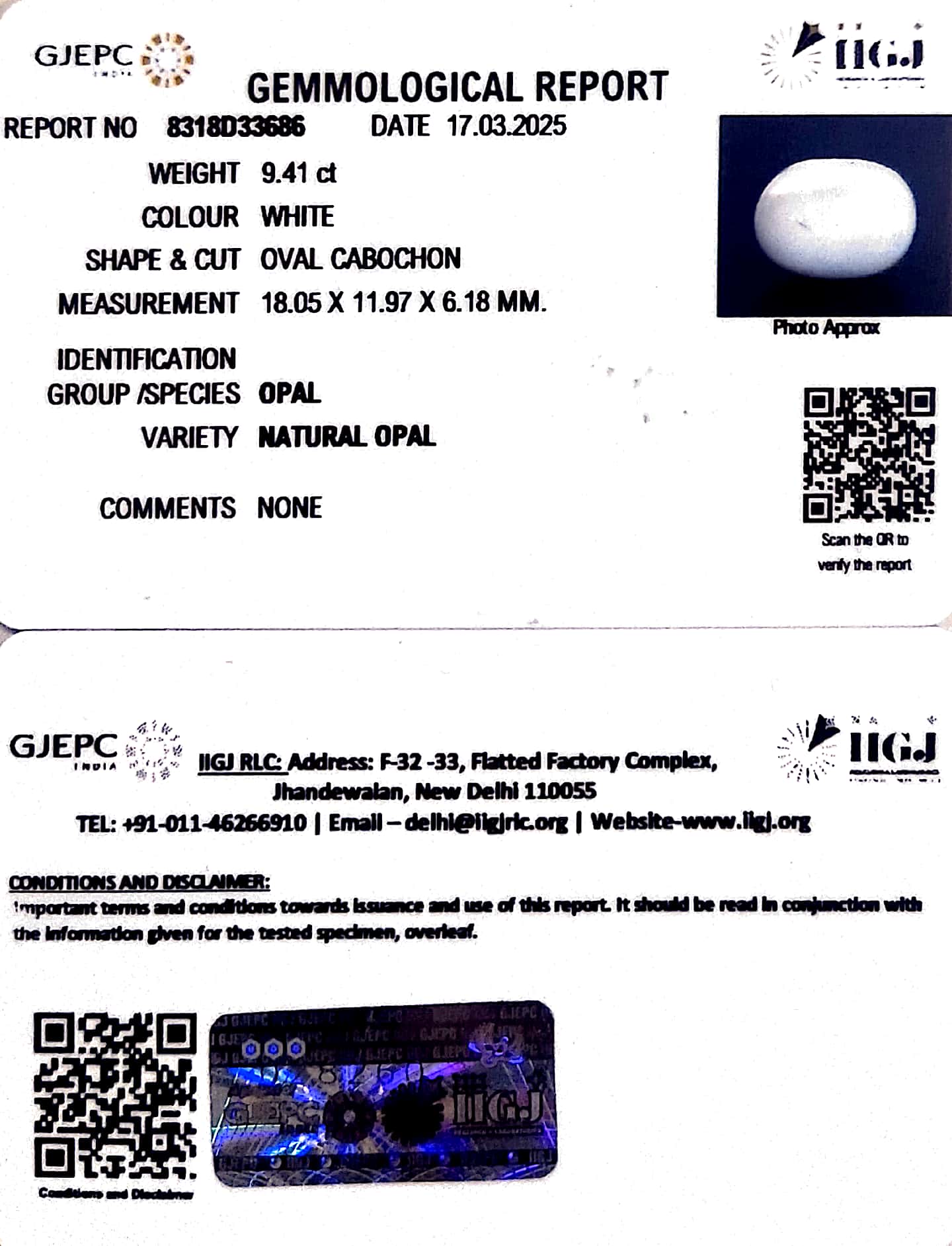 9.41/CT Natural Opal with Govt. Lab Certificate