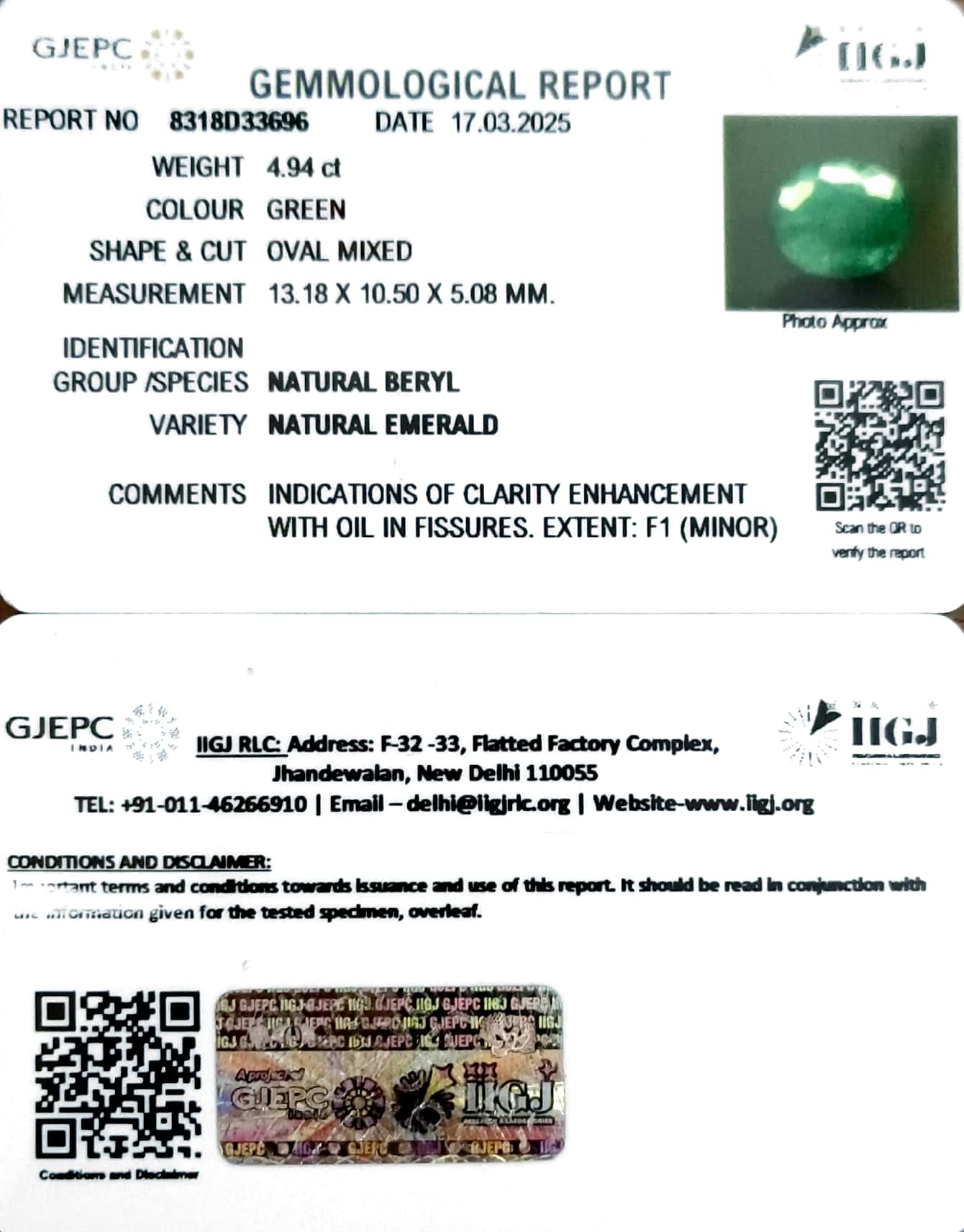 4.94/CT Oval Mixed Natural Panna Stone with Govt. Lab Certificate-8318D33696