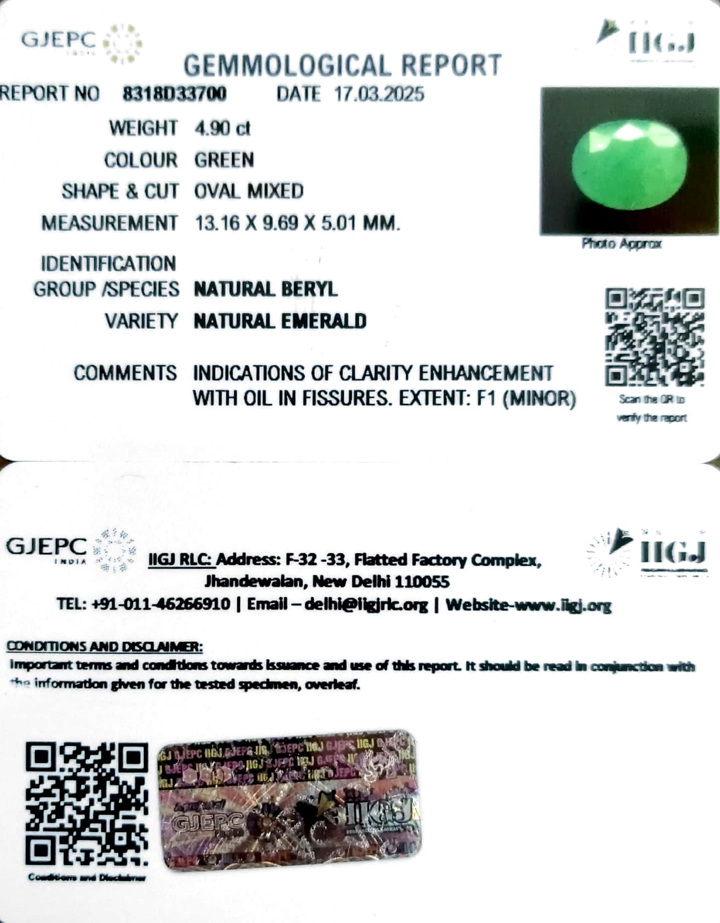 4.90/CT Natural Oval Shape Panna Stone with Govt. Lab Certificate