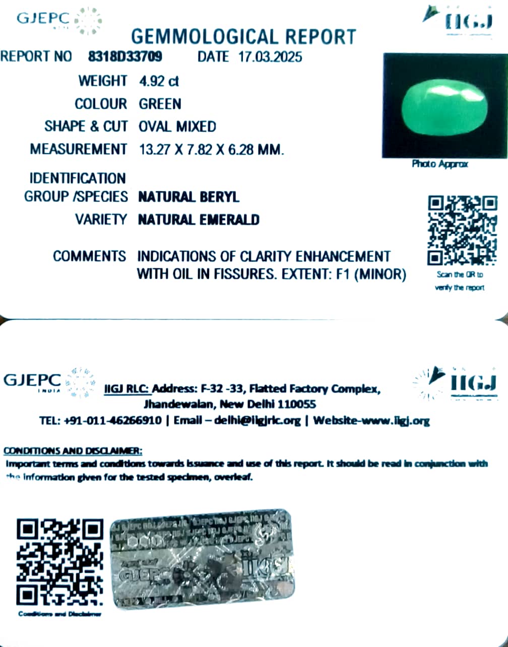 5.66/CT Natural Panna Stone with Govt. Lab Certificate