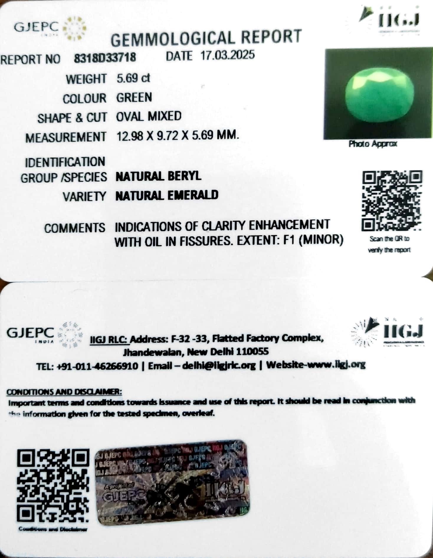 Premium Quality 5.69/CT Natural Panna with Govt. Lab Certificate