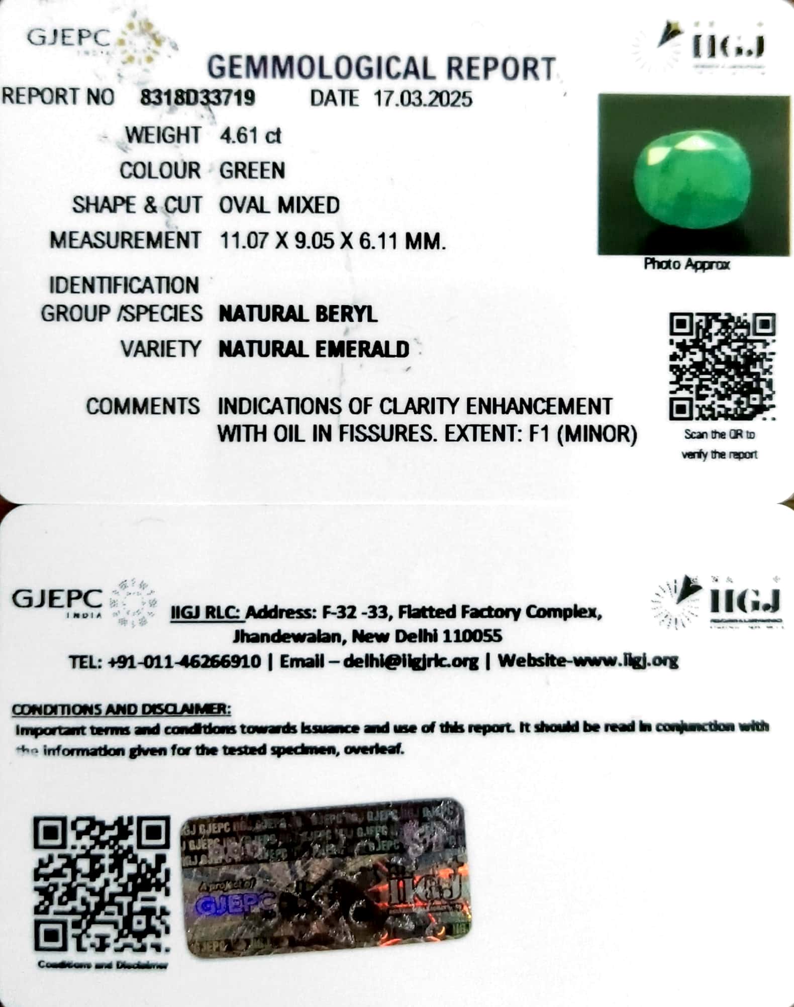4.61/CT Natural Panna Stone with Govt. Lab Certificate