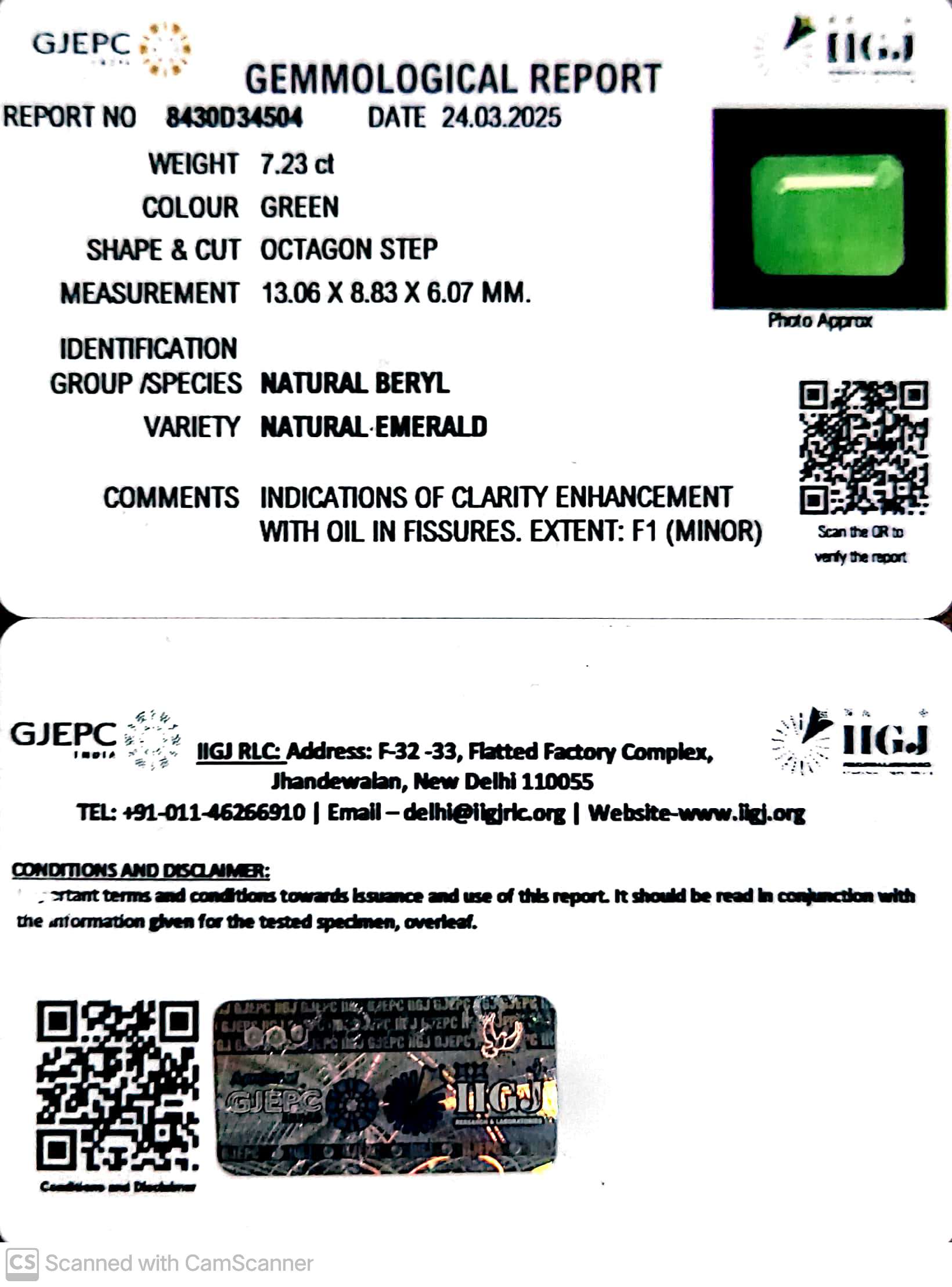 7.23/CT Natural Panna Stone with Govt. Lab Certificate