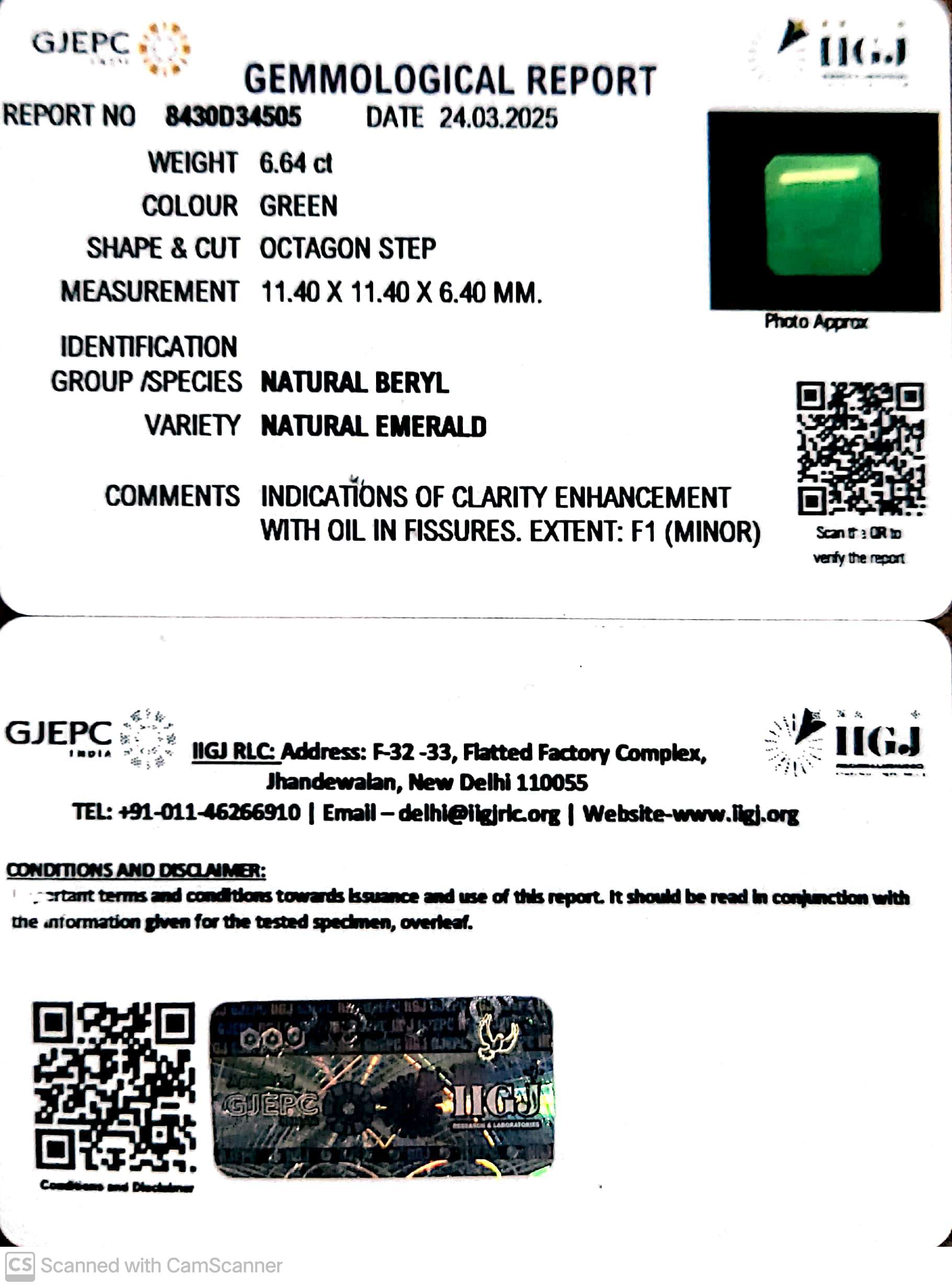 6.64/CT Natural Panna Stone with Govt. Lab Certificate