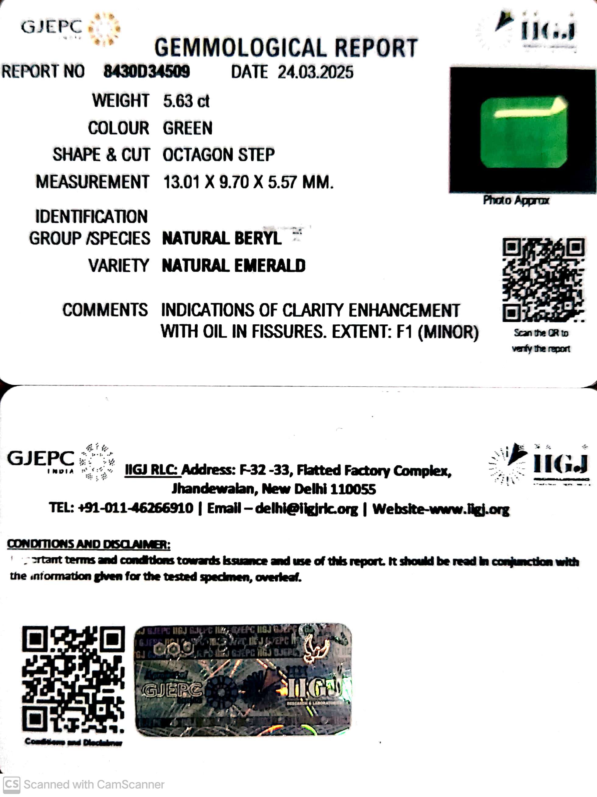 5.63/CT Natural Panna Stone with Govt. Lab Certificate