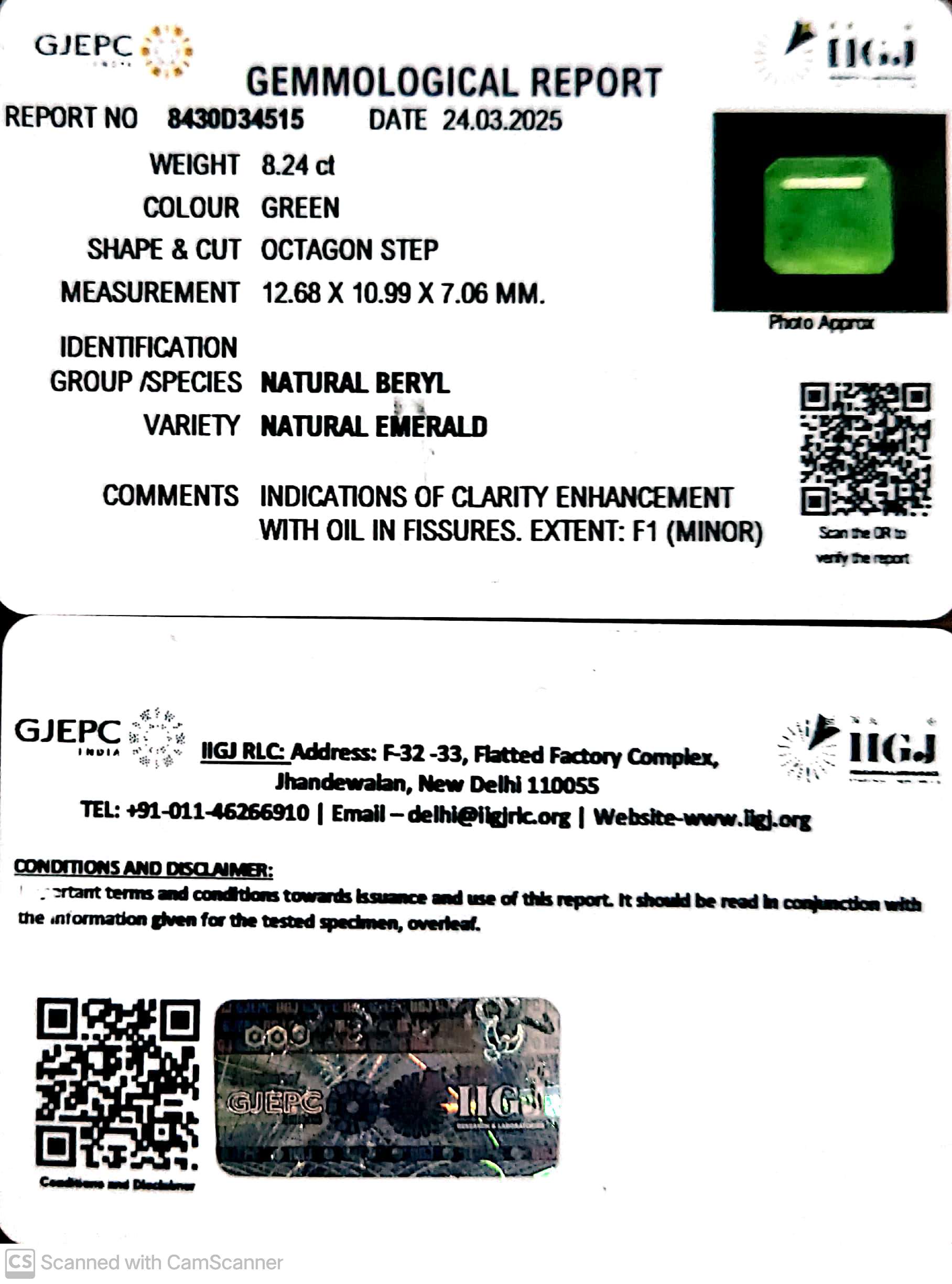 8.24/CT Natural Panna Stone with Govt. Lab Certificate