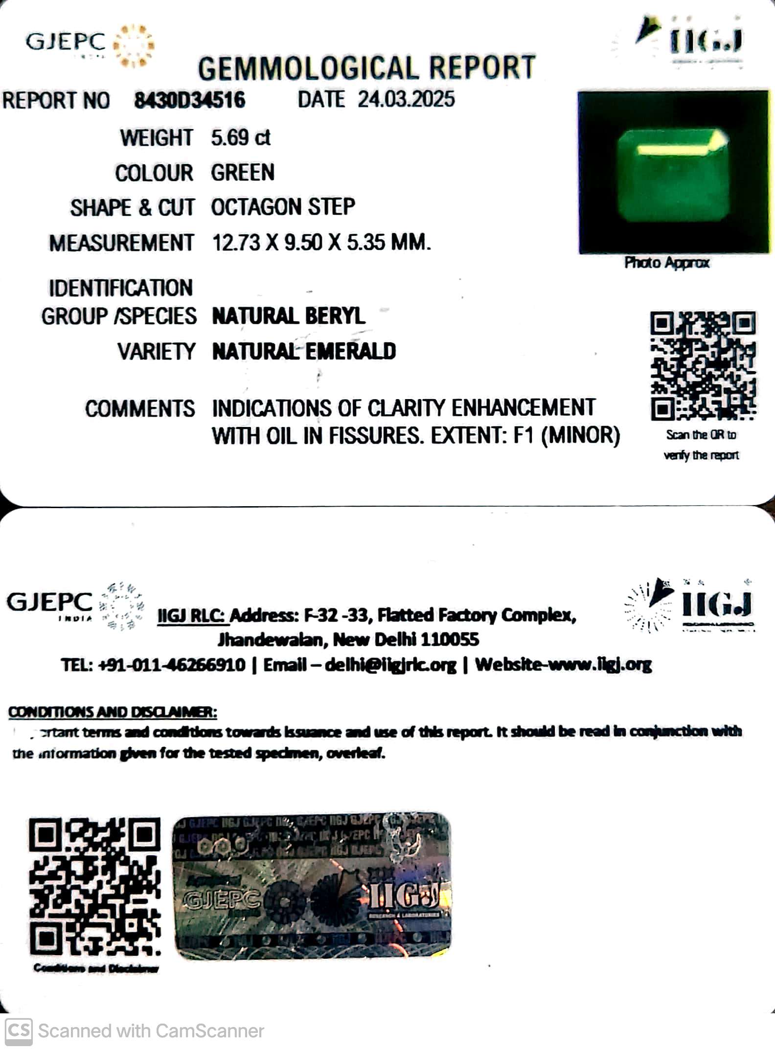 Certified 5.69/CT Natural Panna Gemstone (Govt. Lab)
