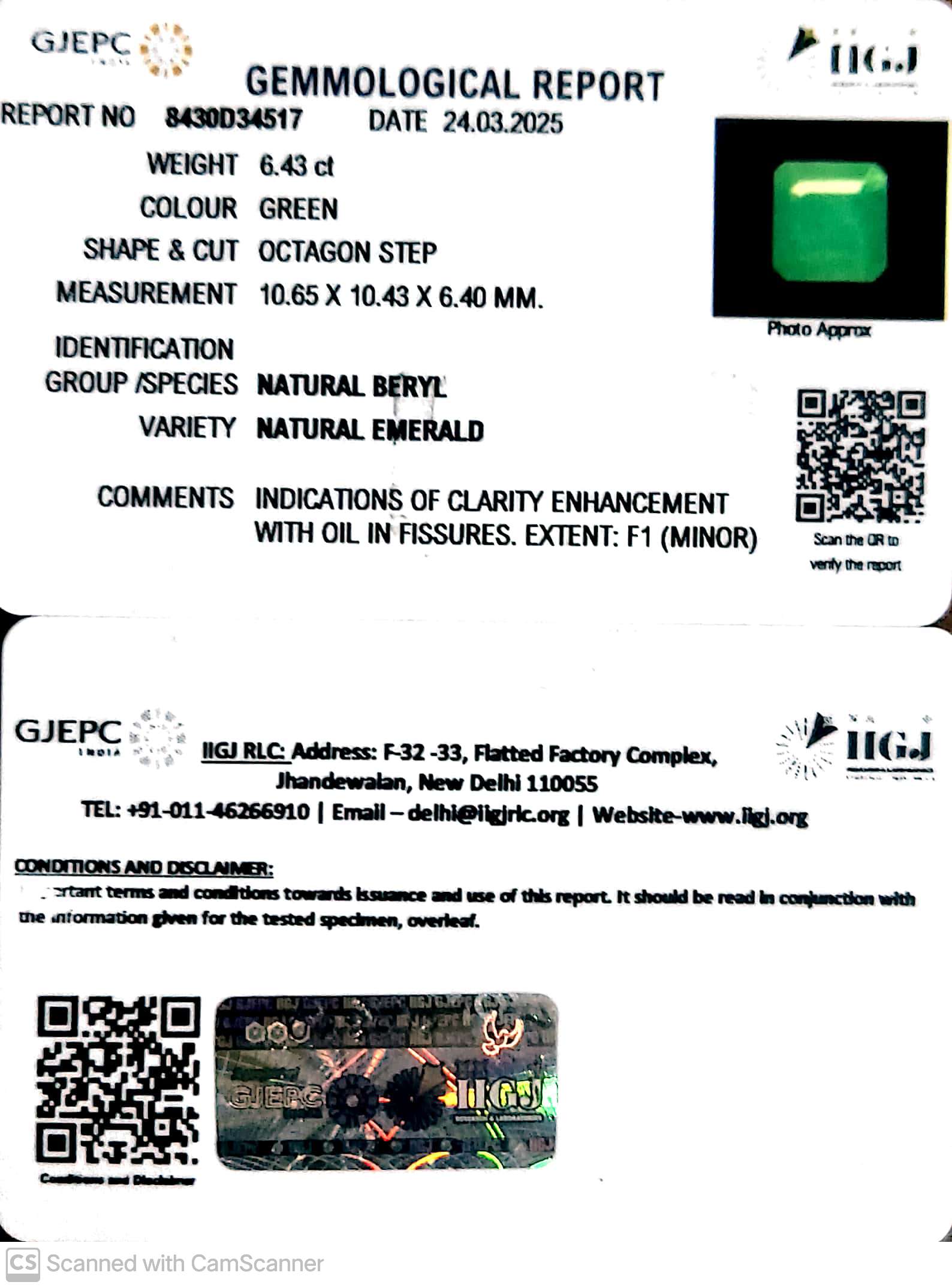 6.43/CT Natural Panna Stone with Govt. Lab Certificate - 8430D34517