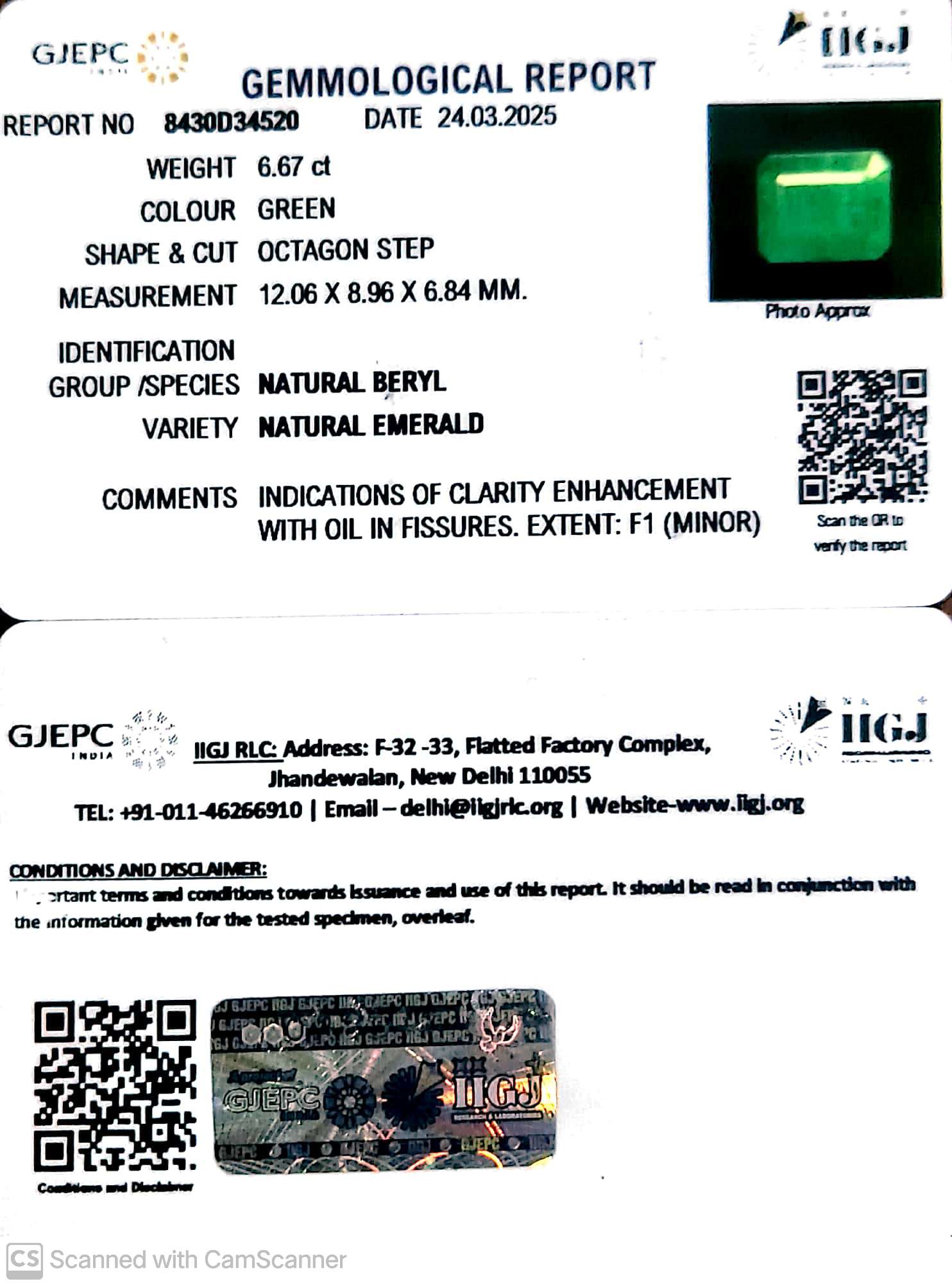 6.67/CT Natural Panna Stone with Govt. Lab Certificate