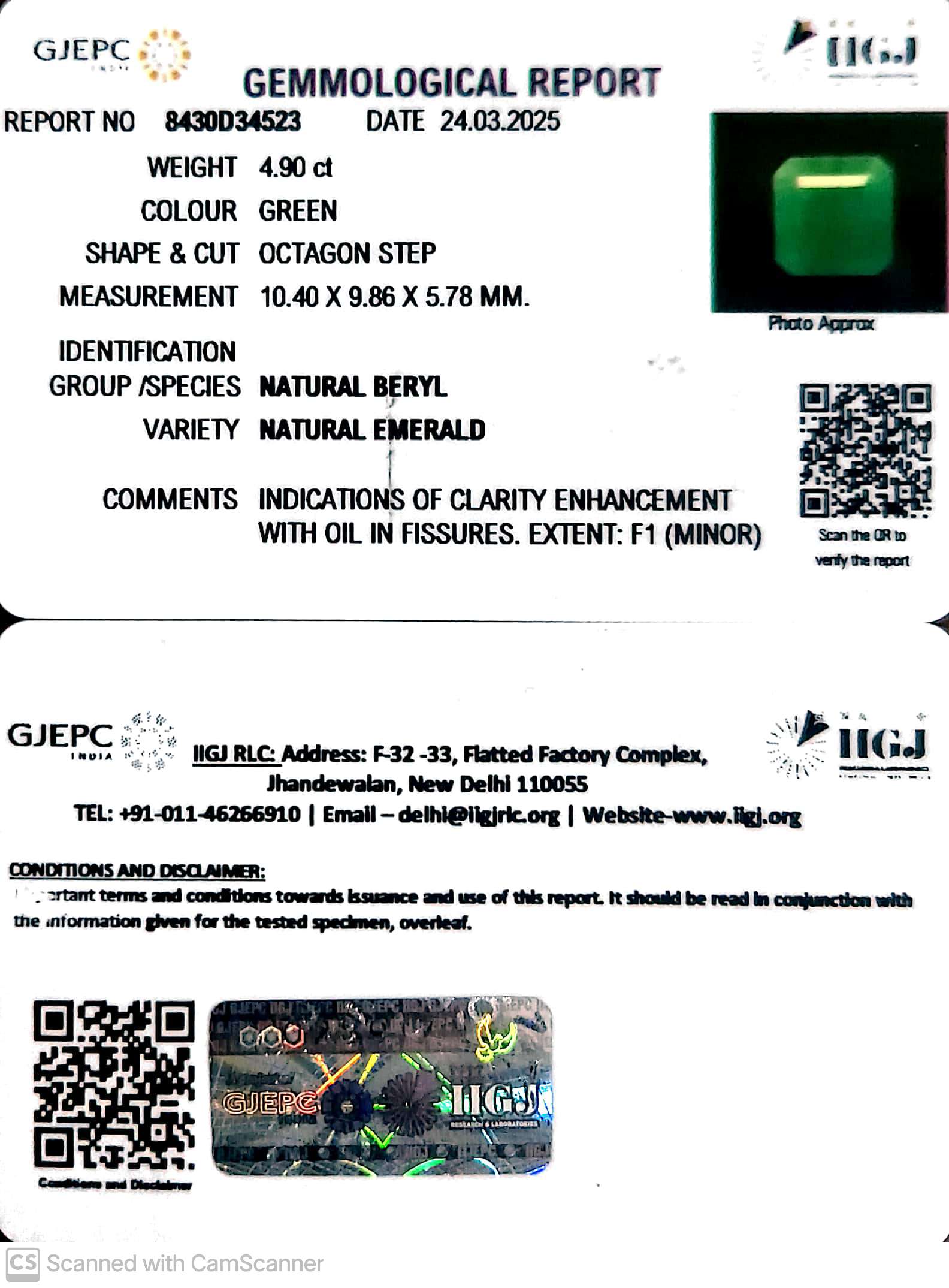 4.90/CT Certified Natural Panna Stone with Govt. Lab Certificate