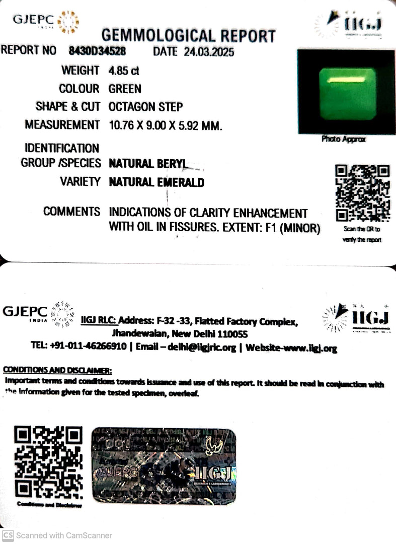 4.85/CT Natural Panna Stone with Govt. Lab Certificate