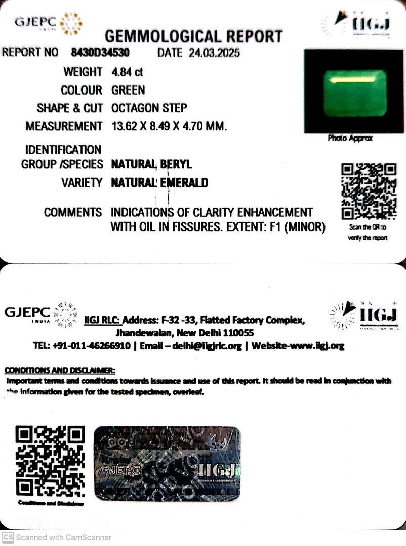 4.84/CT Natural Panna Stone with Govt. Lab Certificate