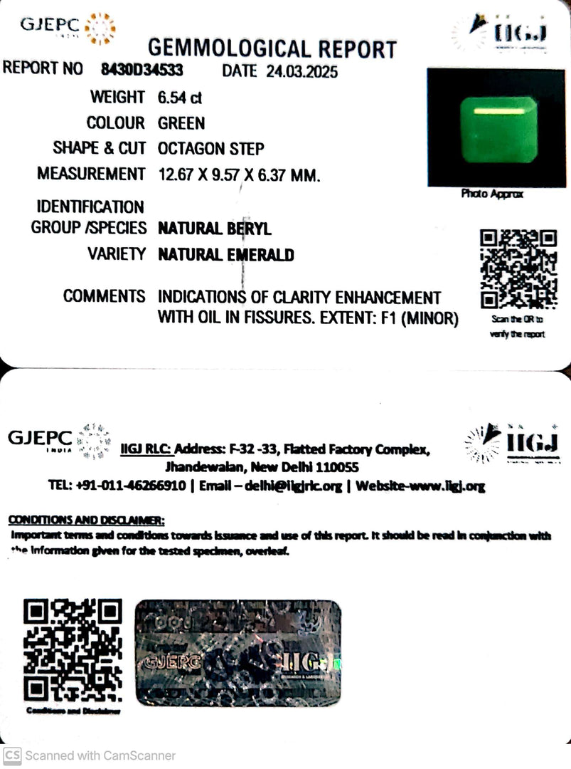 6.54/CT Natural Panna Stone with Govt. Lab Certificate