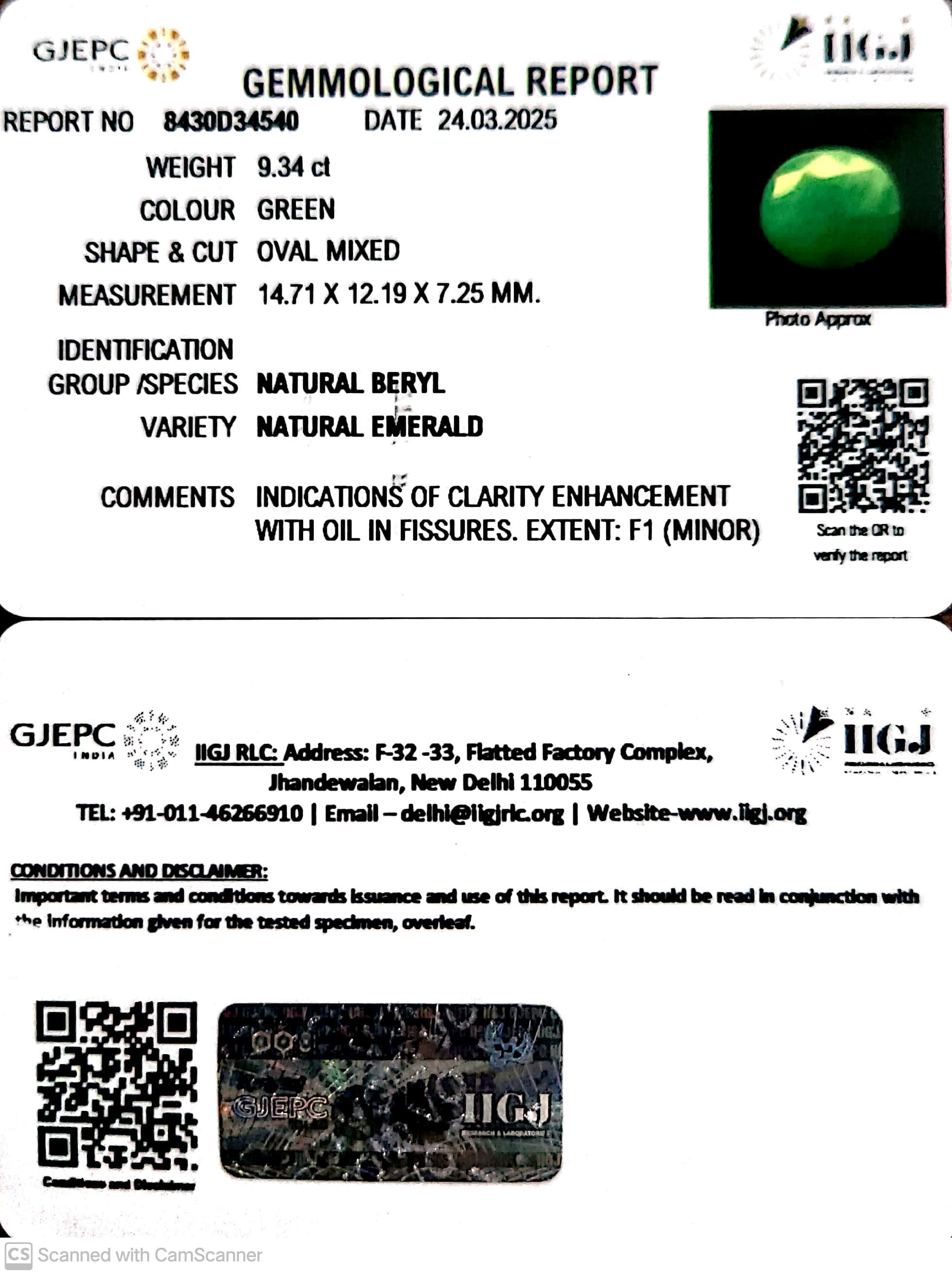 9.34/CT Natural Panna Stone with Govt. Lab Certificate