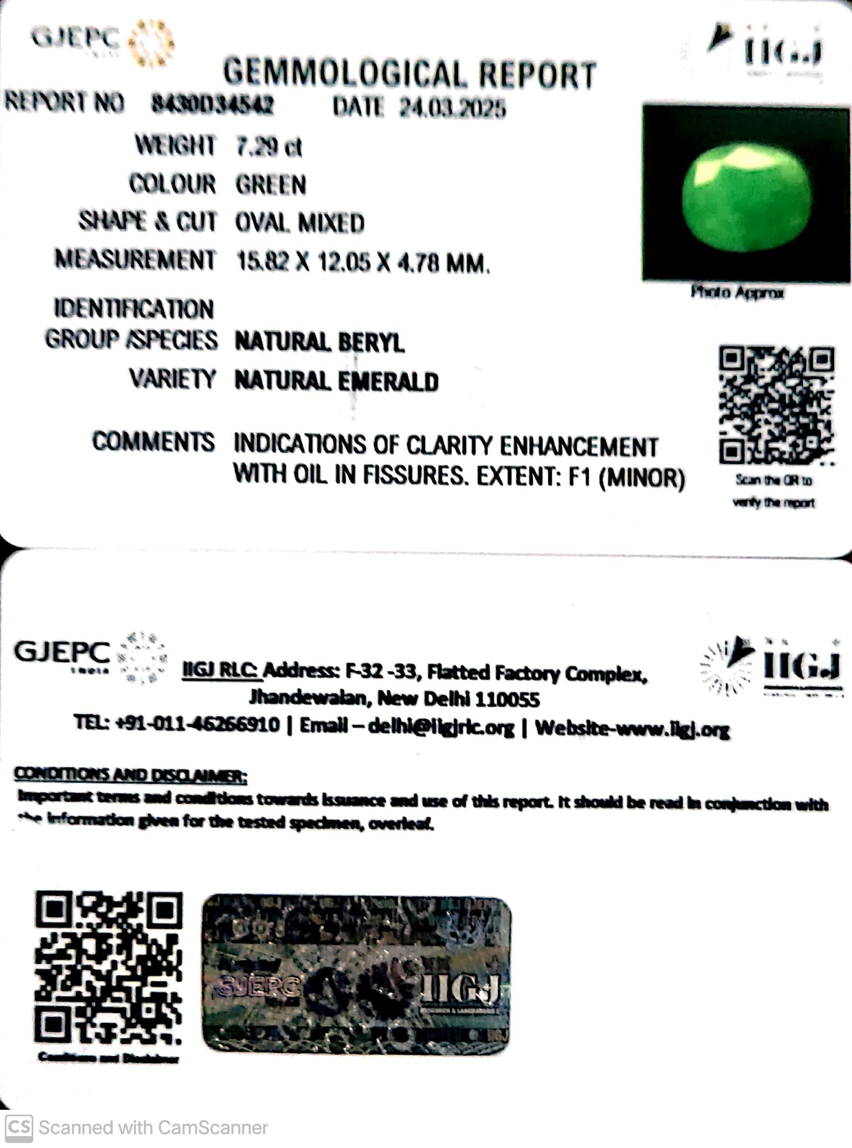 7.29/CT Natural Panna Stone with Govt. Lab Certificate