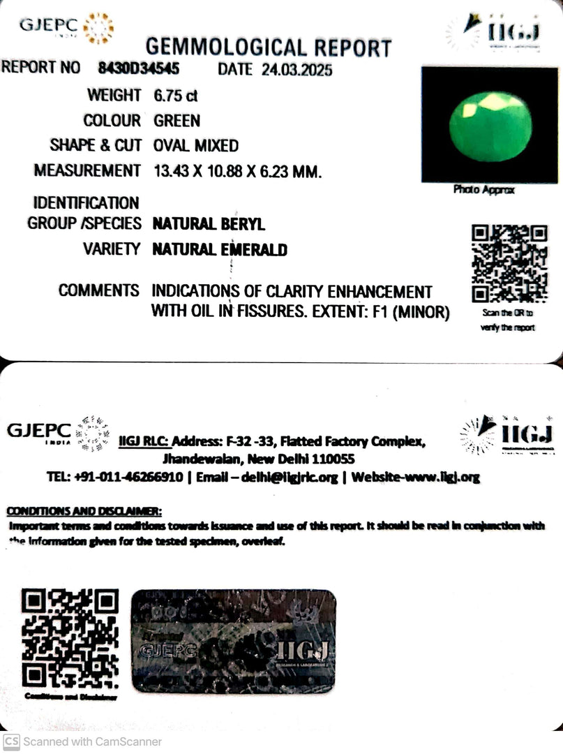 6.75/CT Natural Panna Stone with Govt. Lab Certificate