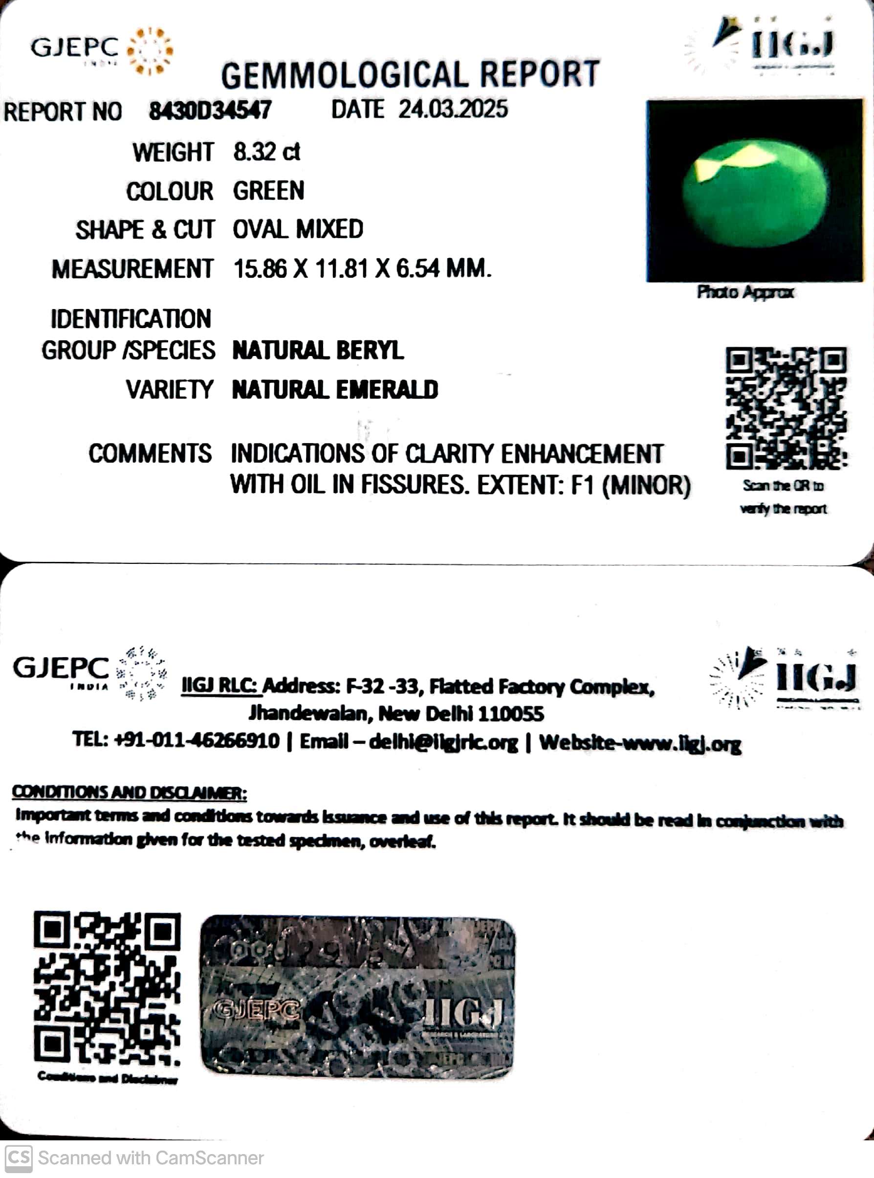 8.32/CT Natural Panna Stone with Govt. Lab Certificate