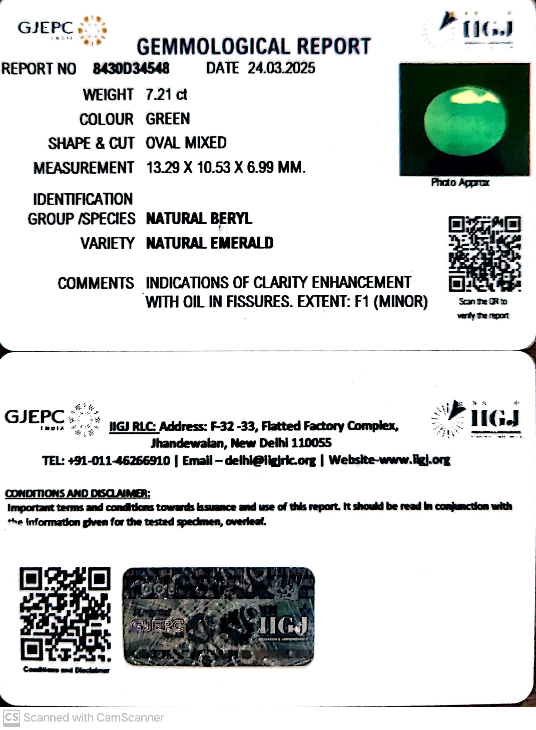 7.21/CT Natural Panna Stone with Govt. Lab Certificate