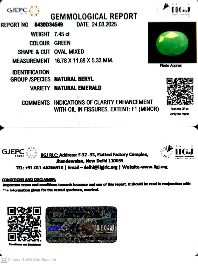 7.45/CT Natural Panna Stone with Govt. Lab Certificate