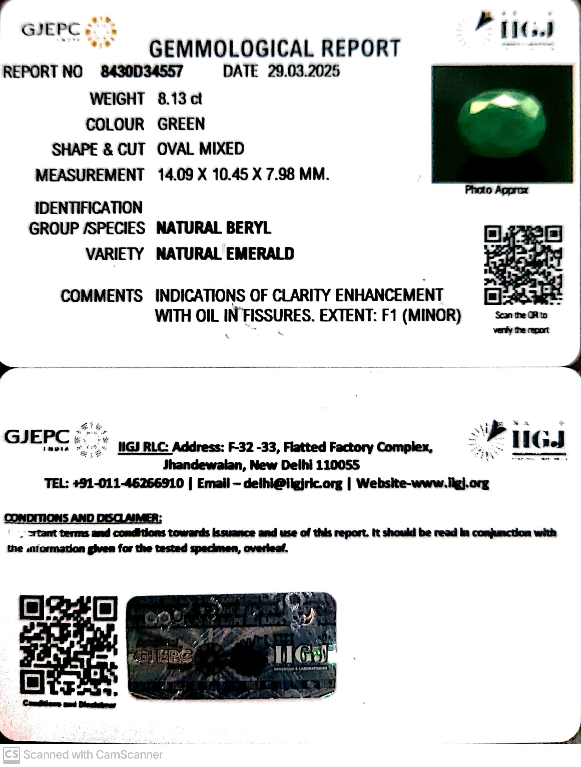 8.13/CT Natural Panna Stone with Govt. Lab Certificate