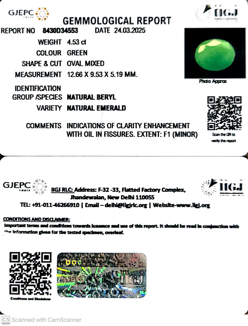 5.77/CT Natural Panna Stone with Govt. Lab Certificate