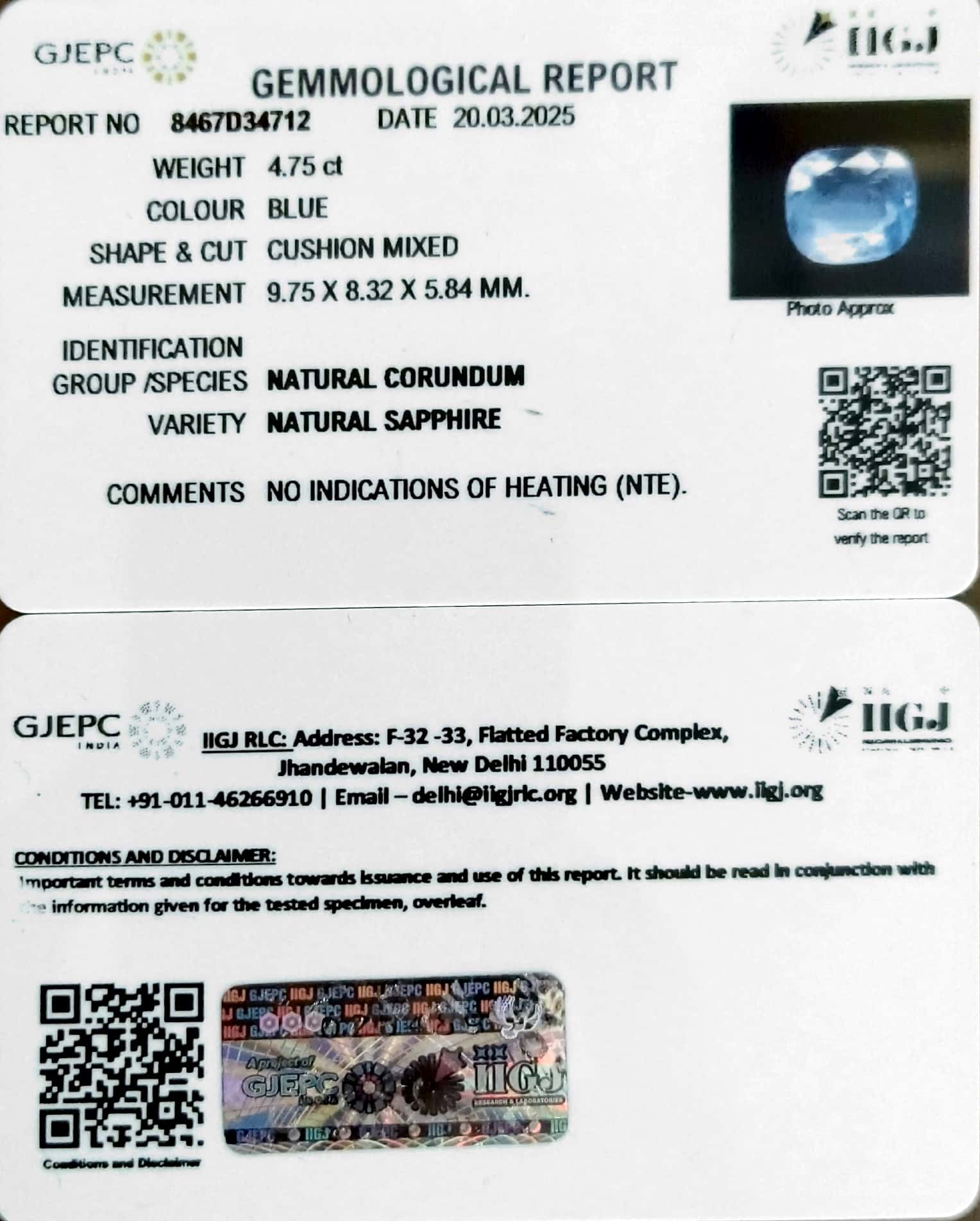 4.75/CT Natural Blue Sapphire With Govt Lab Certificate