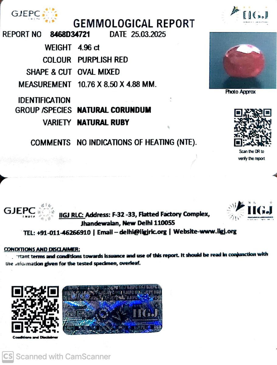 4.96/CT Natural Ruby with Govt. Lab Certificate | Khanna Gems