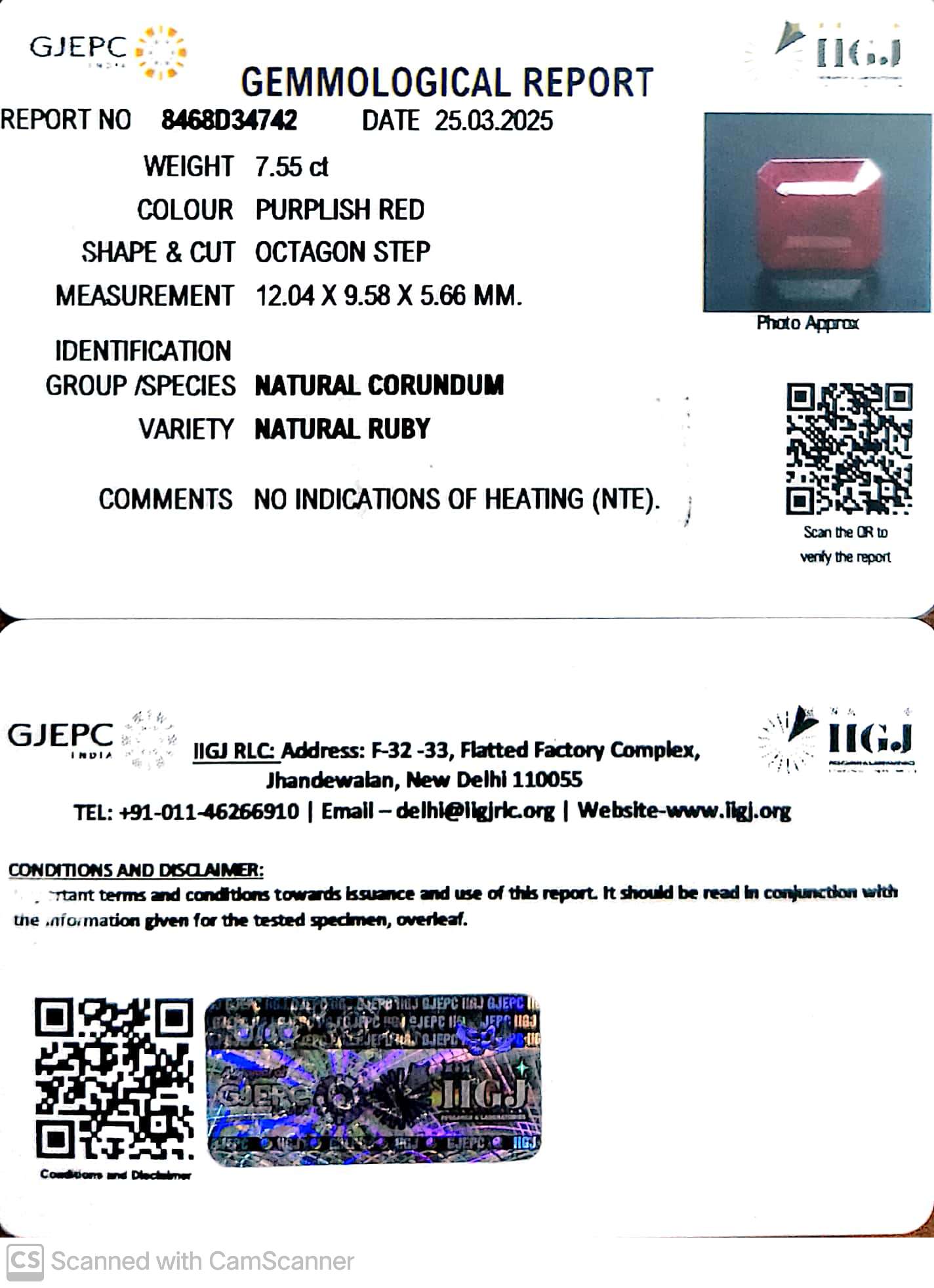 7.55/CT Natural Ruby with Govt. Lab Certificate