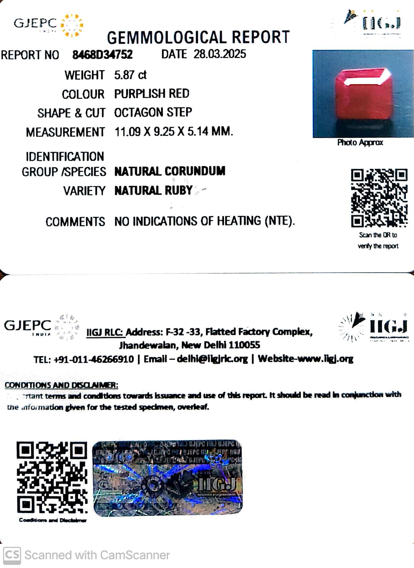 5.87/CT Natural Ruby with Govt. Lab Certificate