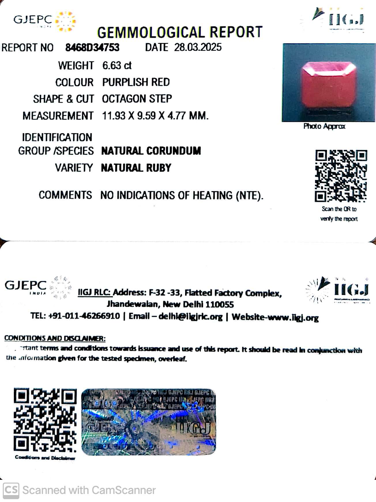 6.63/CT Natural Ruby with Govt. Lab Certificate