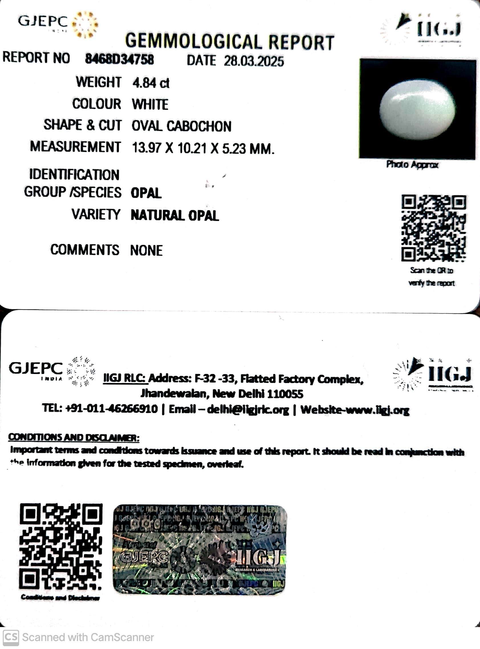 4.84/CT Natural Opal with Govt. Lab Certificate